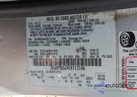 2012 Ford Fusion S из США, поврежденный, VIN 3FAHP0GA9CR113100